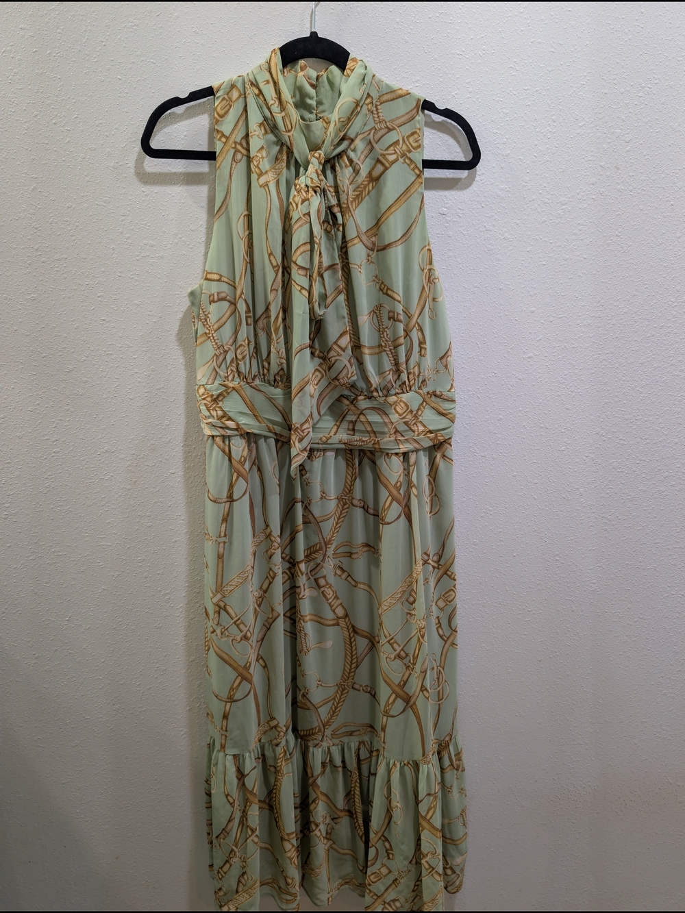 Ralph Lauren Mint Sleeveless Maxi with Gold Chain Print and Tie Neck
